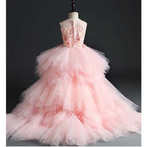 Flickans klänningar Glizt Girl Wedding Party Flower Girl Dresses Pink Tulle släpande Princess Klänning Beaded Floral Girls Pageant First Communion Gown