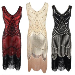 Sukienki swobodne Kobiety imprezowy sukienka z frędzlami 1920 S Great Gatsby Flape Vestidos cekin bead fringe wieczór v dekolt frędzle rękawe