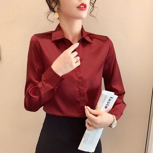 Kadınlar bluzları ofis bayan gömlekler sonbahar bahar ince şarap kırmızı üstleri bordo kadın retro bluz