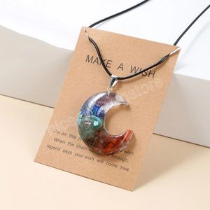 Natural Stone Seven Chakras Reiki Orgone Pendant Crescent Moon Necklace Resin Chakra Healing Crystal For Men Women Jewelry