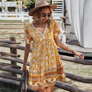 Vestidos casuais bohemia estampa floral babados mini vestido vintage women women vinkck butterfly manga verão 2023 festa de férias