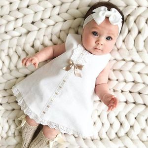 Girl Dresses Girl's 2pcs Toddler Wear Round Collar Pure Color Lace Short Sleeve Dress Bow Scarf Suit Summer With Hair Band