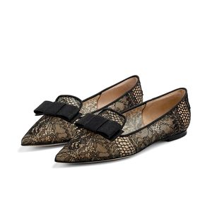 Mode perfekt pumpar kvinnor balettlägenheter sandaler London Gala Flat Italy Ladies Delicate Pointed Toes Black Bowtie Grid Simple Designer Ballerinas Sandal Box EU 35-42