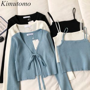 Zweiteiliges Kleid Kimutomo Casual Fashion 2-teiliges Set Damen Solide V-Ausschnitt Langarm Schnürung Kurze Strickjacke und Camis Strickwaren Elegant 230320