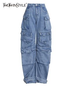 Damen Jeans TWOTWINSTYLE Mode Stil Patchwork Knopf Jeans Hohe Taille Gespleißte Tasche Lose Lässige Denim Breite Bein Hosen Weibliche Herbst 230317