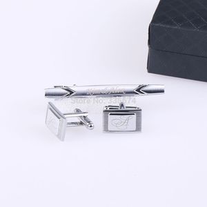 Cuff Links Personalized Silver Square Cufflinks and Tie Clip Sets Fashion Laser Engraved For Men With Gift Box Shirts 230320