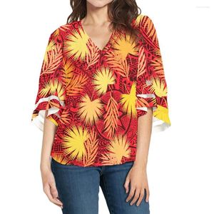 Frauenblusen Hycool Großhandel Palmdruck Hawaiian lässiger Spitze sexy v Hals Orange Frauen Tops und Sommerparty Glockenhülle Top