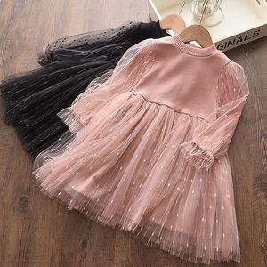 Девушки платья девочки осенние платье с длинным рукавом прибывают розовый черный слой рукав мода детские платье одежда детская одежда 230320