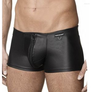 Underpants Mens Leather Boxer Shorts Black Sexy Zip Open Crotch Homme Gay Fetish Vinyl Club Wear Underwear Boxers