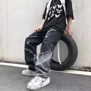 Mäns jeans Deeptown Punk Black Men Streetwear Harajuku Denim Pants Straight Byxor Male Japanese Hippie Fashion Spring Loose Casual 230320