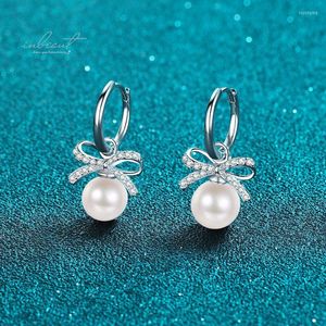 Dangle Earrings Inbeaut 925 Silver Excellent Cut D Color Pass Diamond Test All Real Micro Moissanites Natural White Pearl Bow-knot Drop