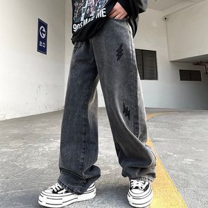 Mäns jeans American Vibe Wind Lightning Mönster Leather Trend Hiphop Retro Slacks Fashion Street Ins Selling Y2K 230320
