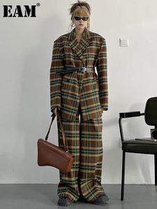 Kvinnor Tvåbitar byxor Eam Wide Leg Pants Plaid Blazer Big Size Two Piece Suit Lapel Long Sleeve Women Fashion Spring Autumn 1DF2515 230320