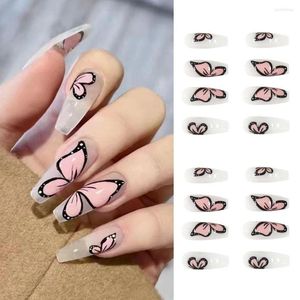 FALSE NAILS 24st Long Ballerina French Butterfly Pattern Fake Nials Press On Full Cover Nail Tips Diy Manicure Tools