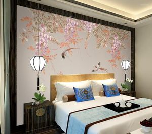 Bakgrundsbilder CJSIR Custom Po Mural for Living Room TV Bakgrund Wisteria Flowers Birds Wall Papers Home Decor 3D Stickers