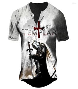 Men039s THICHS MEN039S Camisetas de verano Imitación de algodón V Botón para hombres Caballeros de Streetwear Templario 3D Impresión suelta Sh7067503