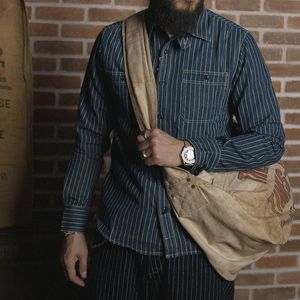 Men's Casual Shirts Non Stock Wabash Stripe Work Shirt Vintage Denim Vent Hole WorkShirts For Men 230320