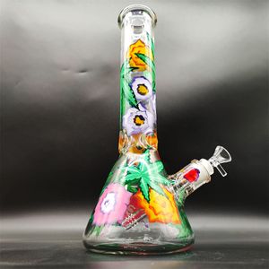 35CM 14 Inch Handy Bong Glass Bong Water Pipe 3D Colorful Flower 9MM Thickness Red Smurf Glass Bongs Thick Beaker Smoking Bubbler Dab Rig