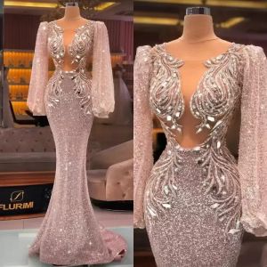 Light Pink Evening Dresses Long Sleeves Mermaid Crystals Sequins Applique Sexy Illusion Floor Length Plus Size Pleats Prom Gown Formal Custom Vestidos