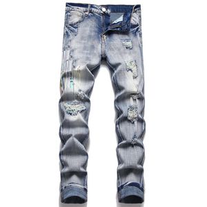 Jeans de jeans jeans para masculino bordado de letra de letra de retalhos de retalhos de tendência Motorcycle Pant skinny Moda elástica Slim Fit Pants vários estilos