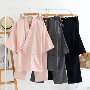 Erkekler pijama Japon tarzı cüppeler kimono pijamalar setler kadınlar erkekler giyinme elbisesi cep 2pcs/set bornoz gündelik Sweatwear 230320