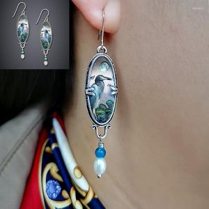 Dangle Earrings Boho Ethnic Imitate Blue Opal Stone For Women Girl Vintage Handmade Bird Landscape Painting Drop Earring Jewelry