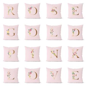 Kudde Rose Gold Pink English Alphabet Cover Floral Letters Pudowcase Living Room Sofa Couch Bed Dekorativa kuddar