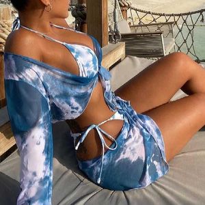 Mulheres Swimwear 4 Peça Tie Dye Bikini Senhoras Split Swimsuit Swimwear Mulheres Malha Push Up Vikini Sexy Girl Nádegas Swimmwear Terno de banho 230317