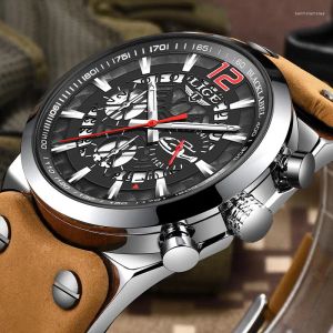 ساعة معصم Lige Hollow Clock Mens Watches Top Quartz Watch for Men Leather Leather Gathproof Sport Chronograph Montre de Luxe Gifts