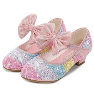 Sneakers Girls Leather Shoes Princess Children Roundtoe SoftSole Big Girls High Heel Crystal Single 230317