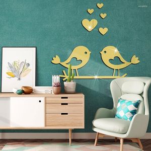 Wall Stickers 3D Acrylic Mirror Sticker Valentine's Day Bird Love Heart Self-adhesive Living Room TV Background Decoration