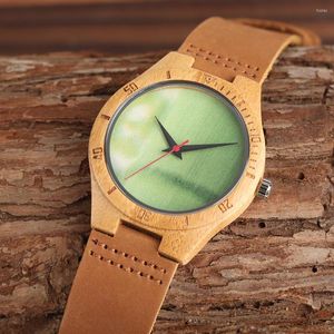 Armbandsur avslappnade naturliga män bambu trä klockor minimalistisk äkta läder kvarts armbandsur manlig kreativ klocka med gåvor väska