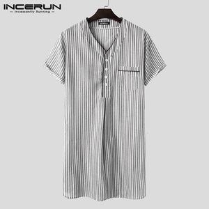 Men's Robes INCERUN Leisure Striped Homewear Men Cotton Sleepwear Summer Short Sleeve V Neck Nightgown Breathable Comfy Nightwear Plus Size 230320