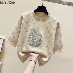 女性のTシャツ黄色の刺繍ニットTシャツ女性夏半袖OネックニットウェアトップスティーカジュアルルーズTシャツ女性230320