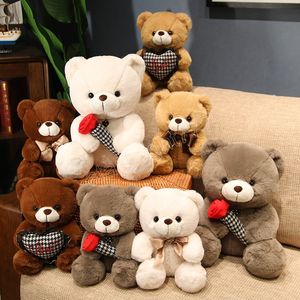 26/36cm Kawaii Bow Teddy Bear Brinks Plush Bosques Urso macio segurando Rose Heart Apprease Doll Toys for Childre