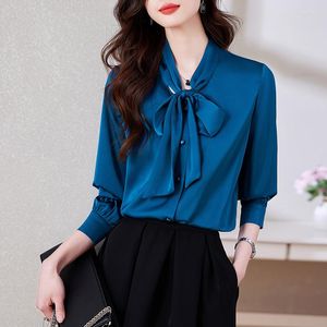 Women's Blouses 2023 Spring White Shirt Women Bow Ribbon Elegant Shirts Fashion Womens Tops Satin Female Clothing OL Silk And