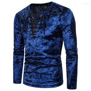 Herren T-Shirts Herbst Männer Langarm Flanell Velours Hemd Einfarbig Kordelzug Slim Fit Hip Hop Streetwear Swag Samt Tops