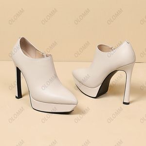 Olomm Handgemachte Damen Pumps aus echtem Leder, sexy, dünn, hoher Absatz, spitze Zehen, hübsche beige schwarze Partyschuhe für Damen, Plus, US-Größe 3–9,5