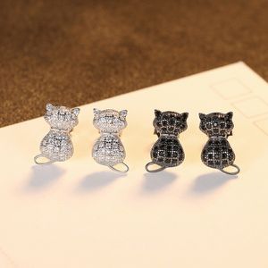 New Brand Design Cute Cat s925 Silver Stud Earrings Fashion Sweet Women Black White Zircon Earrings Exquisite Jewelry Gift