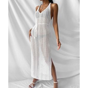 Abiti casual Abiti da spiaggia lavorati a maglia Crochet da donna Trasparente senza maniche Canotta Tunica Backless Cover Up 2023 Costumi da bagno sexy di moda solida