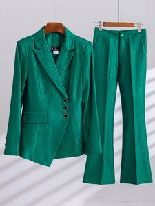 Women's Suits Blazers Autumn Winter Women Pant Suit Ladies Business Work Wear 2 Piece Set Female Khaki Green Black Striped Formal Blazer And Trouser 230320