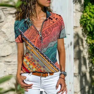 Women's TShirt Vintage Indie Folk Women Print Casual Short Sleeve VNeck Zipper Loose Bohemian Summer ops Female Pullover 230317