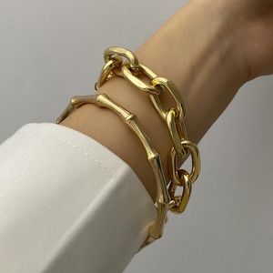 Bangle 2pcs/set Punk Hip Hop Bamboo Joint Cuban Chain Bracelets Bangles For Women Charm Gold Silver Color Thick Heavy