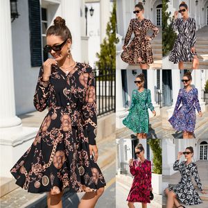 Casual Dresses Print Shirt Dress Women Spring Autumn V-ringen Långärmad klänningar för kvinnor 2023 Kontor Elegant LACE UP A-LINE ROBE