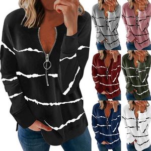 Koszulki damskie Koszulka jesienna 2023 Striped zamek błyskawiczny w szyku w szyku wieloletni moda moda luźna tee żeńska wiosenna topy tshirts