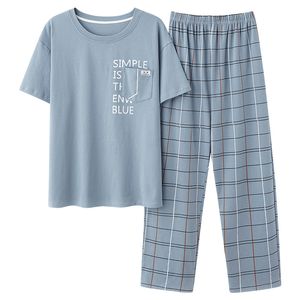 Mäns sömnkläder L-5XL Summer eleganta män pyjamas Knitad bomullspyjamas Set långa byxor Sleepwear Pyjamas Nightwear Pijamas Plaid Plus Homewear PJ 230320