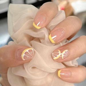 False Nails 24pcs Yellow Lemon Short Square French Full Cover Detachable Press On Nail Tips