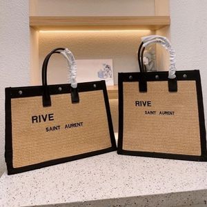 Designer-Einkaufstasche RIVE GAUCHE Einkaufstasche aus Leinen und Leder Strohbrief Designer-Einkaufstasche Damen-Umhängetasche unter dem Arm Strandtaschen