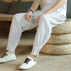 Men's Pants Arrival Men's Elastic Waist Cotton and Linen Trousers Men Stripe Harem Pant Ankle Length Pants Male 4 Colors K58 230320