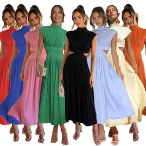 Designer Dresses Summer Women Maxi Casual Dress New Stand Collar Hollow Out Long Elegant Dress